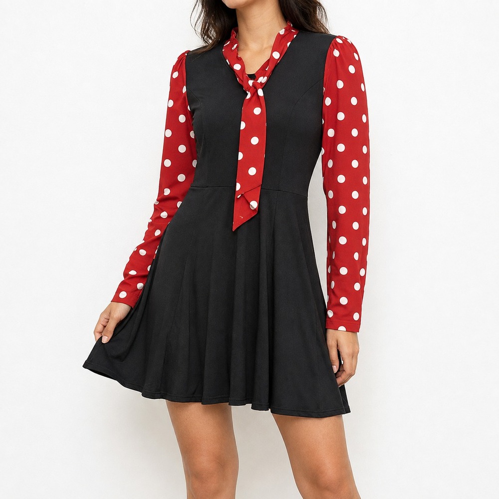 Tulip B Fit & Flare Dress Women's Small Black & Red Polka Dot Tie Neck NWT